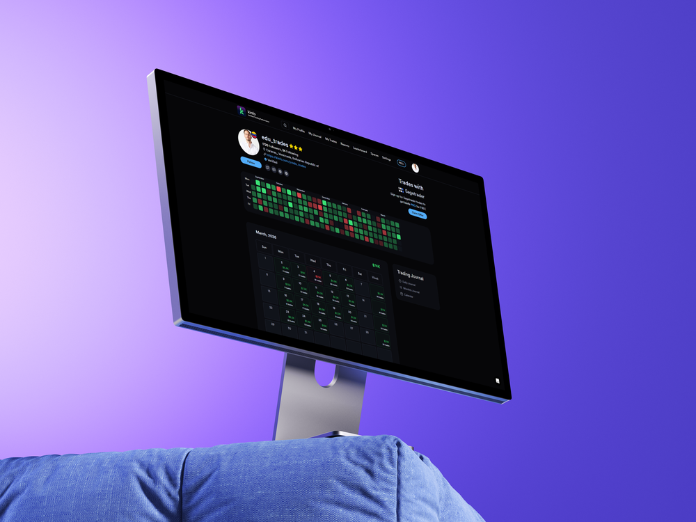 Kinfo trading journal with trade heatmap and calendar shown on a desktop display